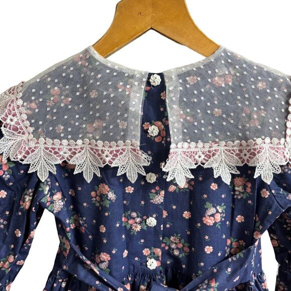 VTG 80s JINELLE Lace Collar Lace Trim Floral Garden Party Dress in Navy SZ 6 - Picture 5 of 12